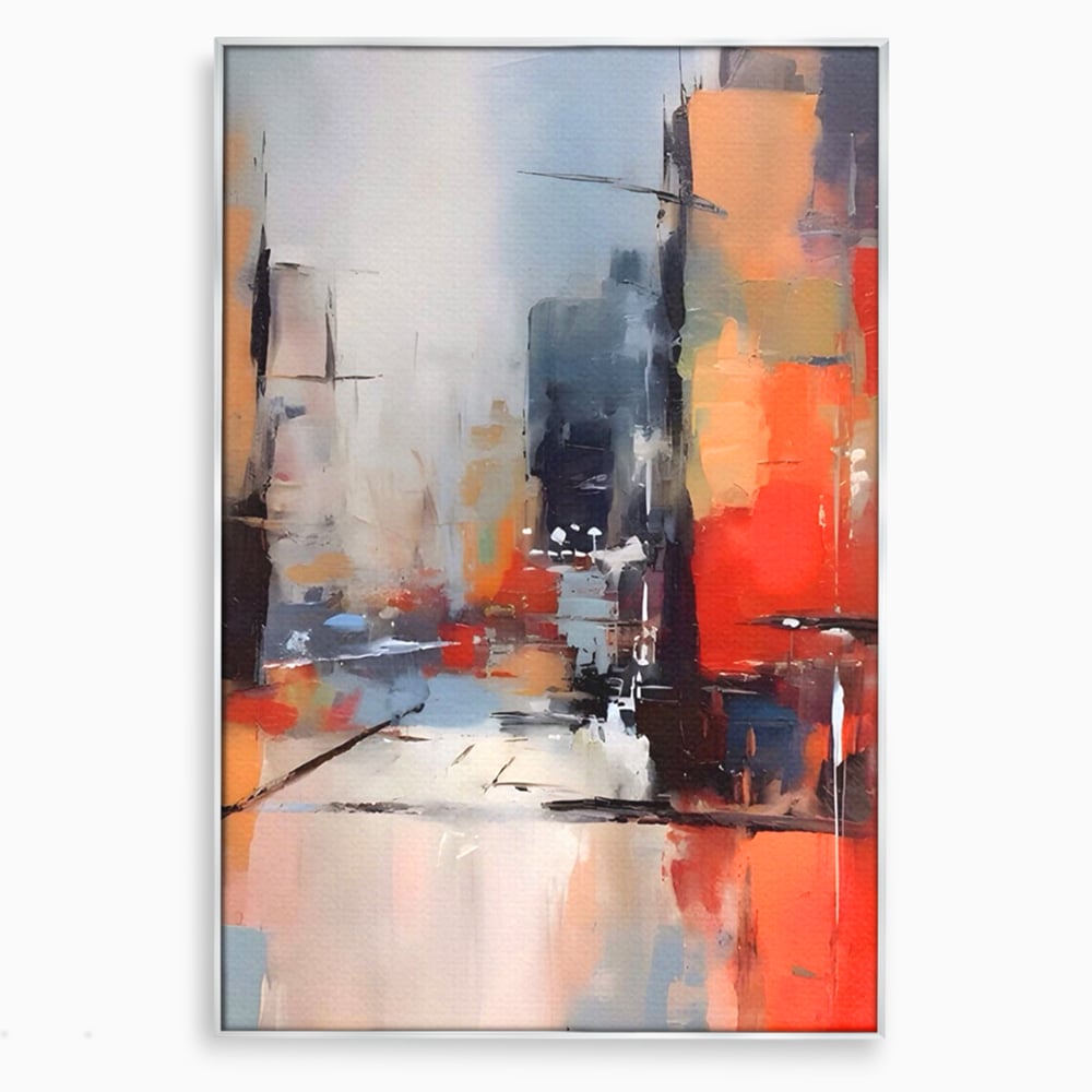 Tablou canvas cu pictura abstracta cu oras si cladiri, in rama de aluminiu argintiu